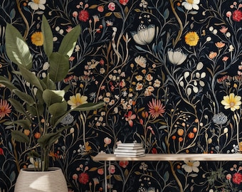 Dark Floral Peel and Stick Wallpaper: Moody Daisy Design, Removable DIY Decor