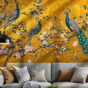 Peacock Wallpaper, Peel and Stick Mural, Removable Chinoiserie Wallpaper in Gold for Living Room or Bedroom, Japandi Cherry Blossom Wall Art