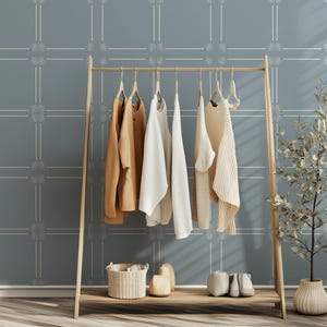 Blue Grid Shell Wallpaper, Modern Coastal Geometric Mural, Vintage Lined Peel and Stick, Removable Nautical Accent Wall Art, Shell Pattern