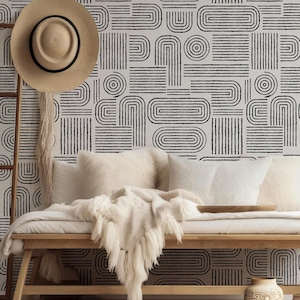 Modern Geometric Peel and Stick Wallpaper, Black and White Removable Mural, Canvas & Non Woven Boho Minimalist Decor, Scandinavian Wallpaper