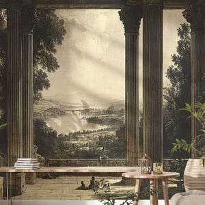 Antique Pastoral Landscape Wallpaper, Historic Greek-Inspired Architectural Wall Mural, Retro Style, Peel and Stick Wallpaper, Rustic Mural