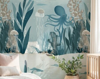 Jellyfish & Octopus Wallpaper - Coastal Bathroom Decor, Removable Mural