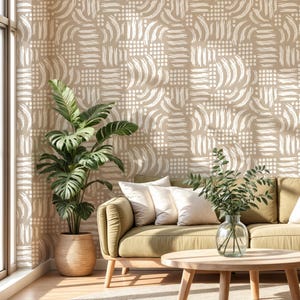 Boho Brushstroke Wallpaper, Peel and Stick Abstract Wall Art, Removable Beige Scandinavian Wallpaper, Modern Geometric Wall Decor for Home