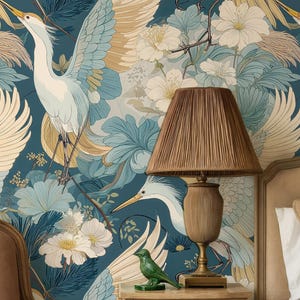Chinoiserie Crane Wallpaper, Elegant Bird and Floral Wall Mural, Removable Botanical Peel and Stick for Home Decor, Vintage Asian Wall Art