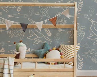 Ocean Animals Kids Wallpaper – Coastal Bathroom Whale Turtle Mural – Nautical Blue Peel and Stick Sea Life Wall Decor for Kids or Beach Home