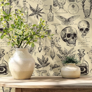 Medicine And Herbal Wallpaper - Vintage Apothecary Wallpaper - Skull, Potion Bottles, Butterfly, Moths Mural for Mystic Retro Home Decor