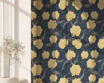 William Morris Style Peel and Stick Wallpaper: Navy Gold Floral Accent Wall
