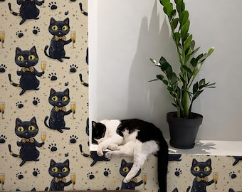 Black Cat Champagne Wallpaper for Powder Room or Bar Area - Quirky Cat Lovers Maximalist Wall Decor - Premium Removable Peel and Stick