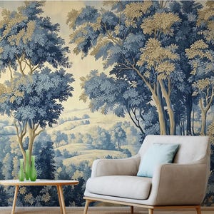 Pastoral Landscape Wallpaper, Vintage Woodland Wallpaper, Peel Stick Mural, Scenic Rural Forest Wall Art, Blue&Beige Rustic Wallpaper Mural