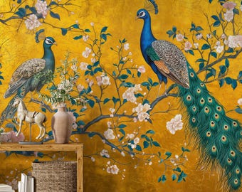 Peacock & Cherry Blossom Wallpaper: Gold Chinoiserie Mural, Removable Peel and Stick
