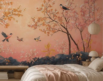 Cherry Blossom Bird Wallpaper, Chinoiserie Wall Mural, Hand Painted Botanical Peel and Stick Wallpaper, English Garden Wallpaper
