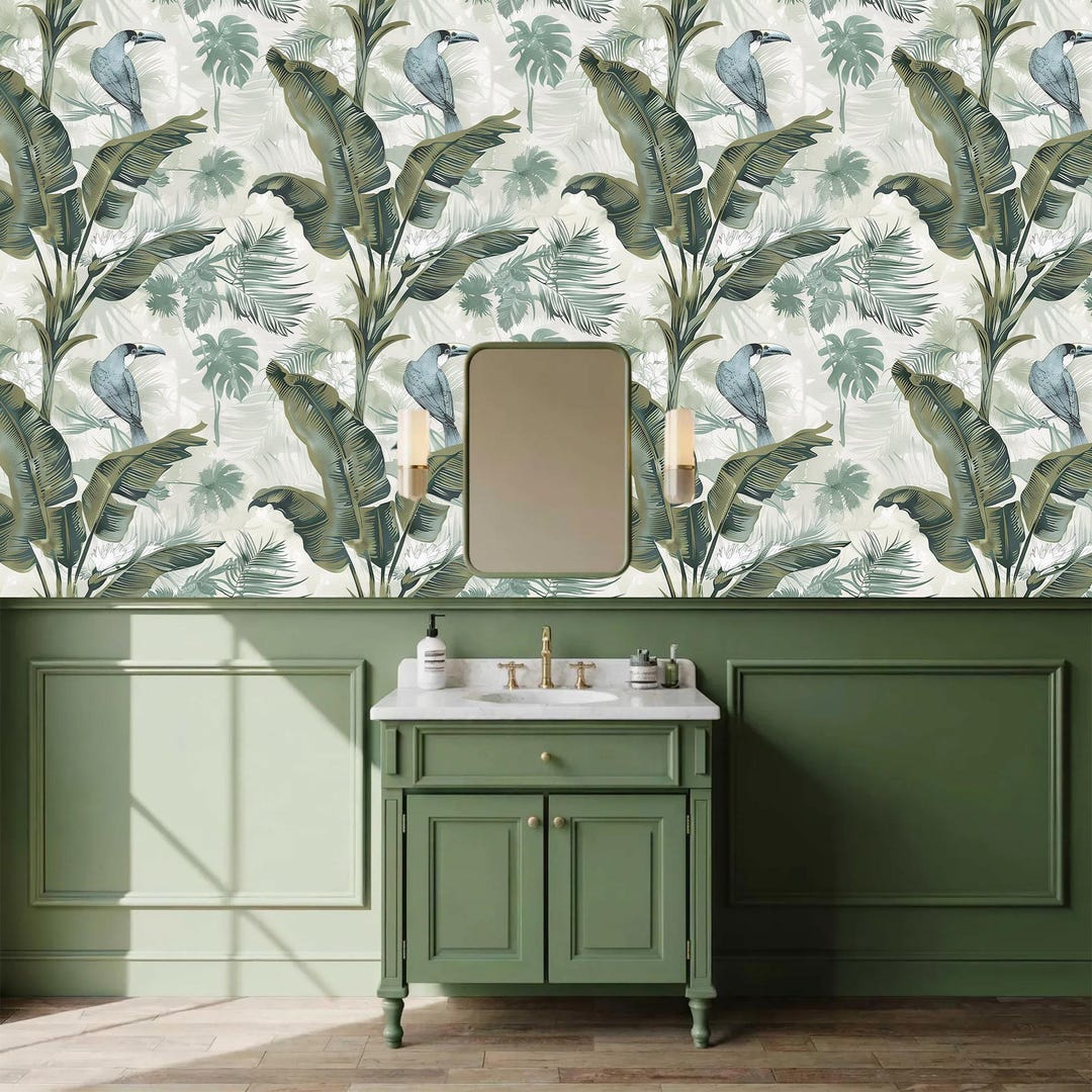 Sage Green Tropical Banana Leaf Wallpaper: Vintage Bird Wall Mural ...