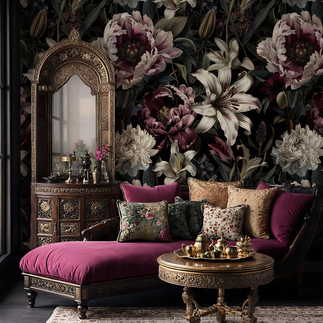 Dark Peony Statement Wall Mural for Luxury Interior, Moody Romantic ...