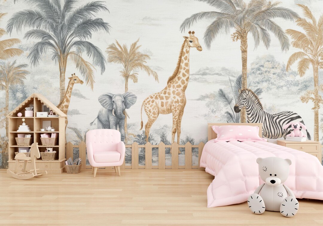 Kids Safari Jungle Animals Wallpaper , Peel and Stick Giraffe Nursery ...