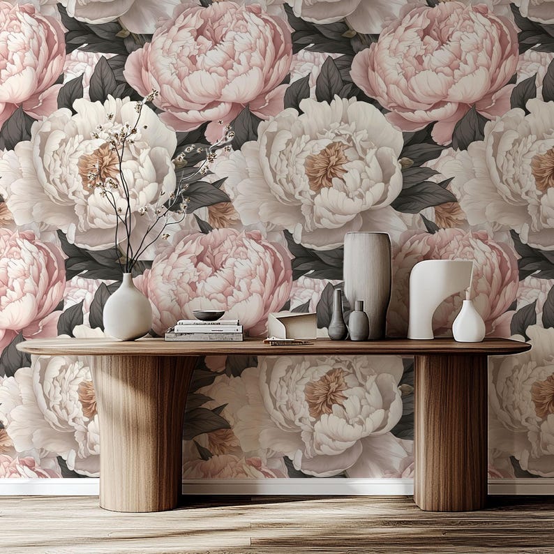 Peel and Stick Peony Wallpaper Mural: Watercolor Rose Design - Etsy