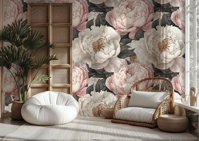 Peel and Stick Peony Wallpaper Mural: Watercolor Rose Design - Etsy