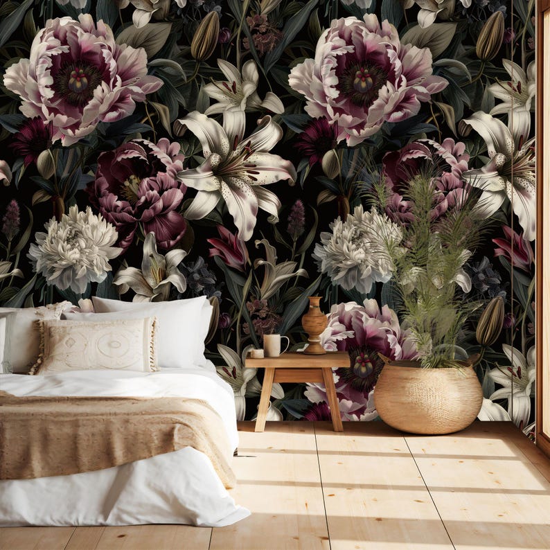 Dark Peony Floral Wallpaper - Peel & Stick Boho Wall Mural - Etsy México