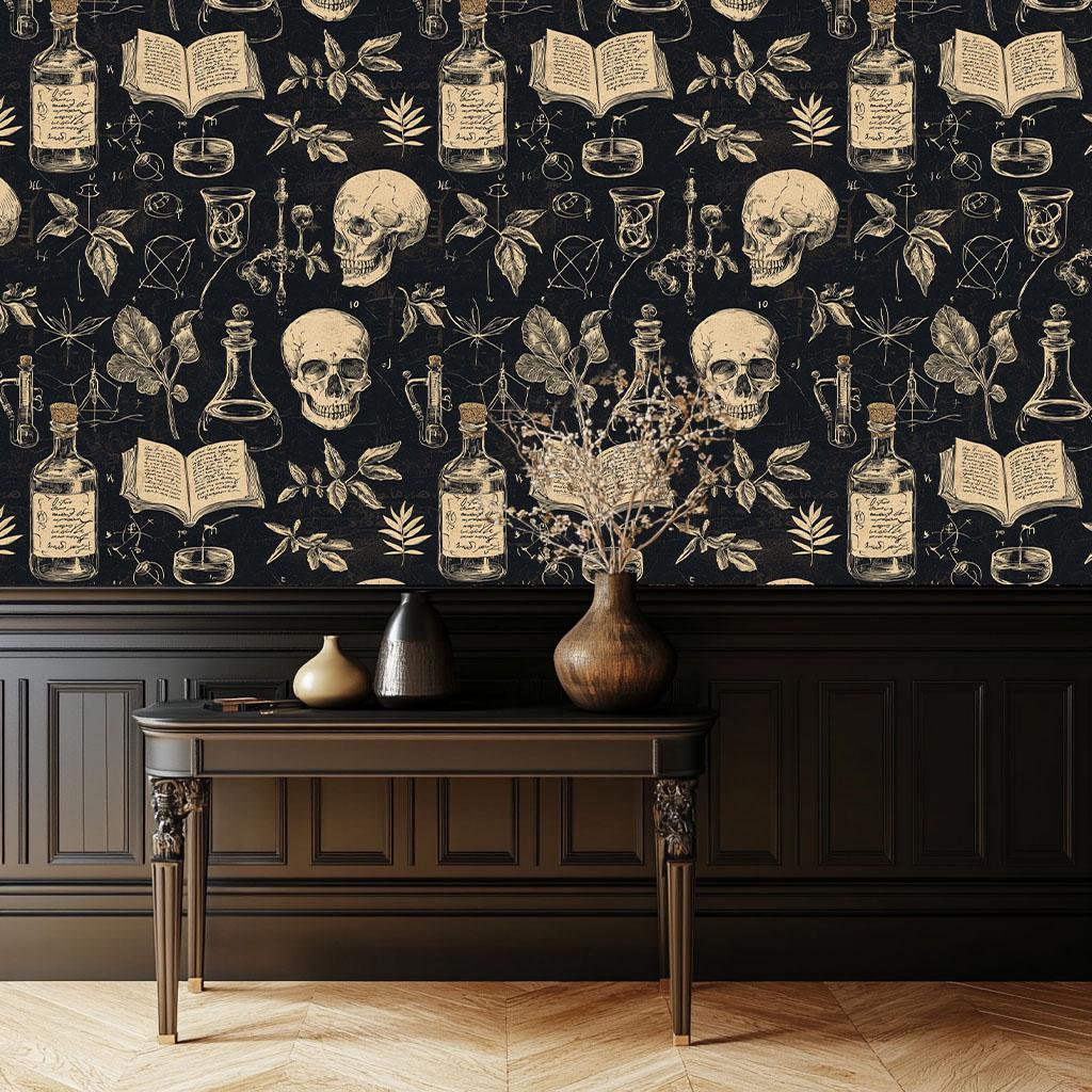 Dark Academia Wallpaper, Gothic Peel and Stick Wallpaper, Apothecary Science Art, Anatomical Skull and Plant Mural, Moody Dark Botanical