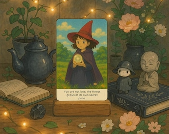May include: A whimsical illustration of a girl in a red hat and cloak holding a glowing orb. The image is set in a forest with a quote: "You are not late, the forest grows at its own secret pace."