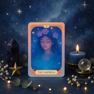 Puede incluir: Una carta de tarot con una mujer de largo cabello azul y una corona de flores, titulada "THE EMPRESS". La carta tiene un borde dorado y está sobre un fondo azul estrellado. También se ven una vela azul encendida y una bola de cristal.