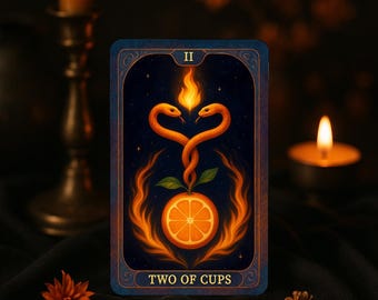 May include: A tarot card with a dark blue border features two orange snakes intertwined above a sliced orange. The card is labeled "TWO OF CUPS" and has a fiery design. Lit candles and decorative elements surround the card.