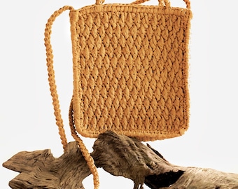 Crochet Raffia Crossbody Bag: Caramel Summer Handbag