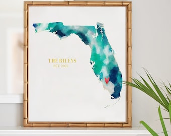 Custom Map art, Florida watercolor state print, personalized gift, state art map art, city map print,home state wall art, housewarming gift