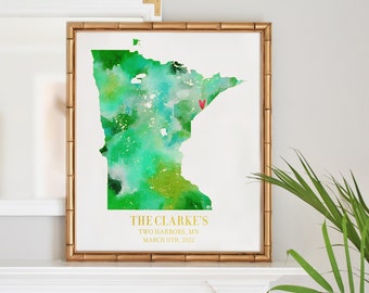 Custom Map art, Minnesota watercolor state print personalized gift, state art map art, city map print home state wall art housewarming gift