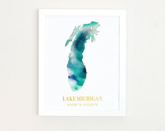 Printable Lake Michigan Map Custom Lake Map Personalized lake house sign Chicago Decor Lake Wall Art Personalized Engagement Gift for couple