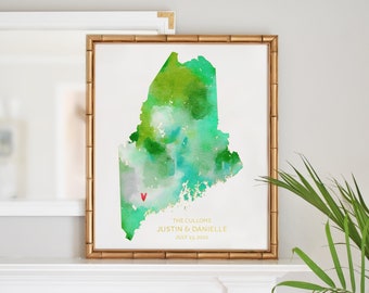 Custom Map wall art, Maine watercolor state print personalized gift state art map art, map print, housewarming gift, wedding gift for couple