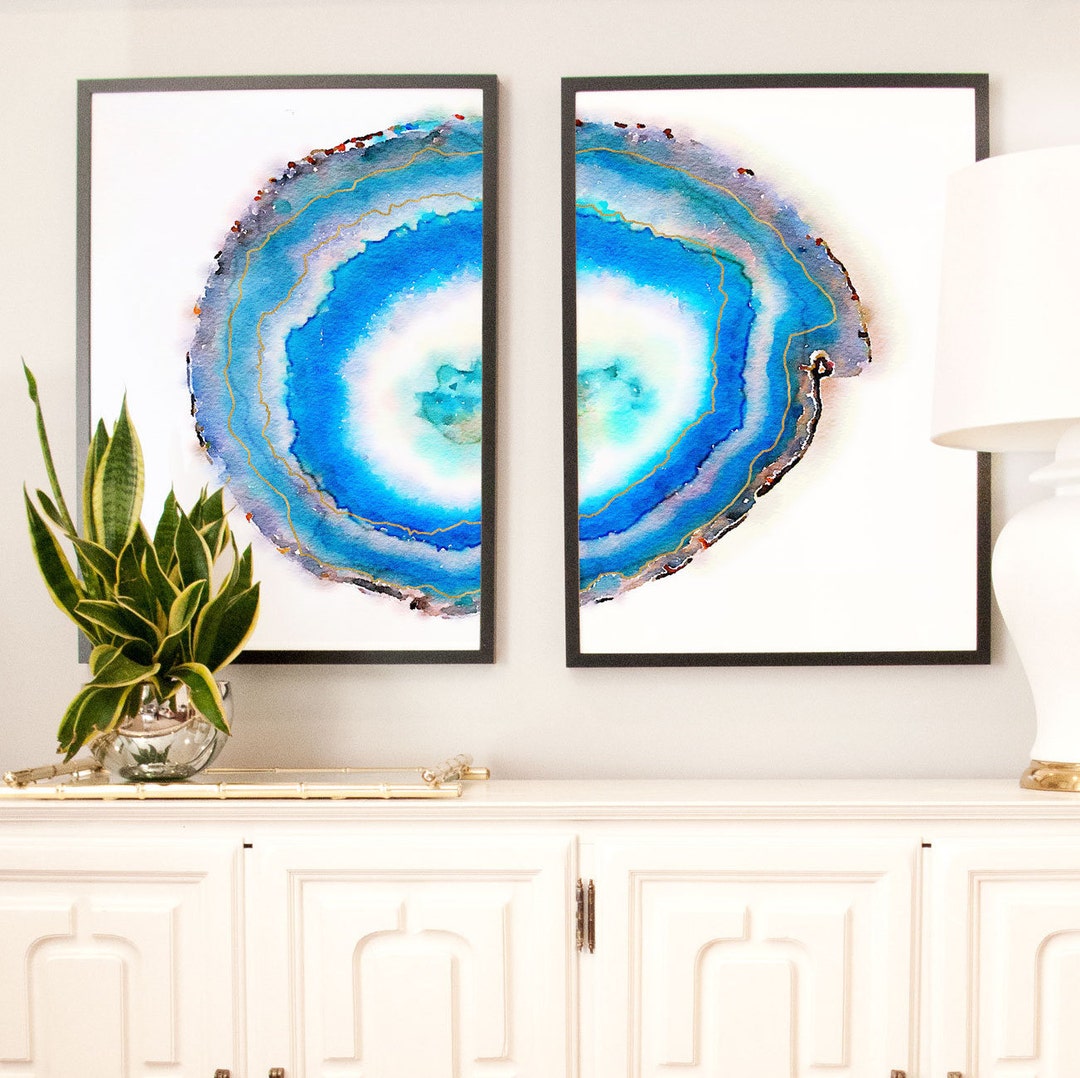 Set of 2 Geode Prints, Large Art Prints, Watercolor Agate Slice Prints ...