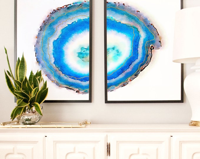 Featured listing image: Set of 2 Geode Prints, Large Art prints, Watercolor Agate Slice Prints, Navy Blue Wall Art Agate Print, watercolor art, Abstract Agate geode