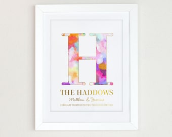 Modern Wedding Gift Art Print, Wedding Gift for Couple, Watercolor Monogram Print, Bridal Shower Gift, Personalize Engagement Gift for Bride