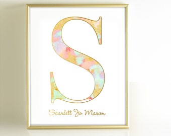 Blush Pink Mint Gold Monogram Art Print, Personalized Girls Nursery Decor, Monogram Initial Gold Office Decor, Pink Gold Nursery Wall Art