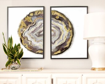 Set of 2 Geode Prints, Large Art prints, Watercolor Agate Slice Prints, Neutral Wall Art Agate Print, watercolor art, Abstract Agate geode