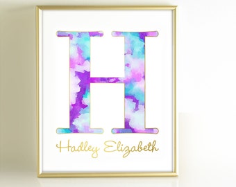 Watercolor Monogram Art Print, Personalized Girls Nursery Decor, Monogram Initial Art, Purple Teal Aqua Gold Nursery Wall Art, Gold Office