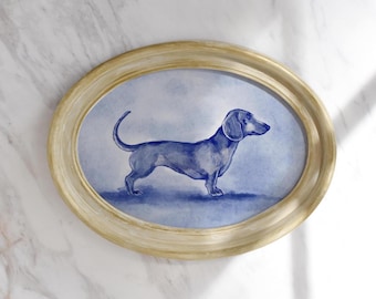 dachshund gift print dachshund poster blue willow vintage style dog portrait Watercolor coastal painting summer wall art Delft Dog print