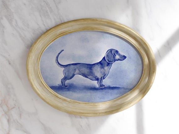 dachshund gift print dachshund poster blue willow vintage style dog portrait Watercolor coastal painting summer wall art Delft Dog print