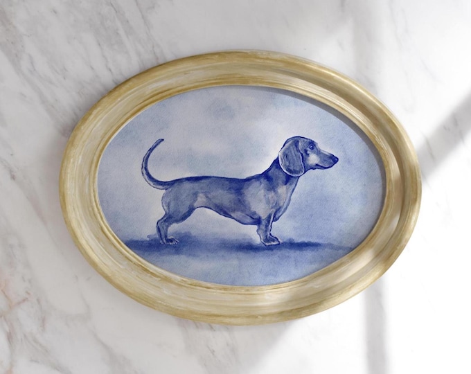 Featured listing image: dachshund gift print dachshund poster blue willow vintage style dog portrait Watercolor coastal painting summer wall art Delft Dog print