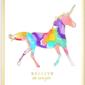 Watercolor Nursery Art, Girls Nursery Art, Unicorn Print, Pink Gold Nursery Decor, Nursery Wall Decor, Pink Gold Office Decor Rainbow Color image 1