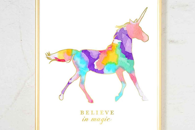 Watercolor Nursery Art, Girls Nursery Art, Unicorn Print, Pink Gold Nursery Decor, Nursery Wall Decor, Pink Gold Office Decor Rainbow Color image 1