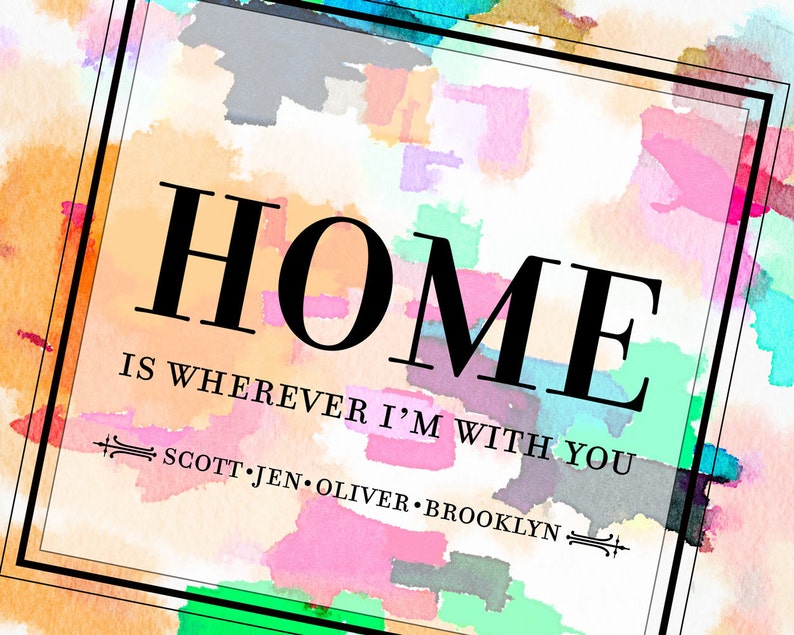 Home is wherever i'm with you, Home Quote Print, Personalized Hostess Gift, Watercolor Print, Housewarming Gift, Family Name Art, image 2