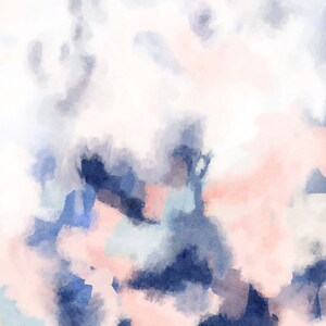 May include: Abstract watercolor painting with shades of blue, pink, and white. The colors blend together to create a soft and dreamy effect.