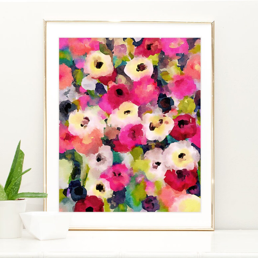 Watercolor Floral Print, Pink Flower Print White Floral Wall Art, White ...