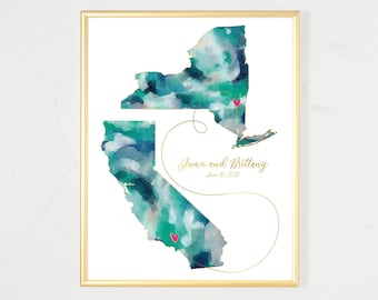 Art mural de carte personnalisée, carte-cadeau de mariage, cadeau interurbain pour petit ami, carte de fiançailles cadeau carte de deux États, cadeau de mariage pour couple