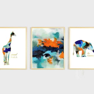 Watercolor Boys Nursery Wall Art, Animal Nursery Art, Boy Nursery Decor, Elephant Nursery Art, Giraffe Print, Blue Orange Abstract Art Print image 1