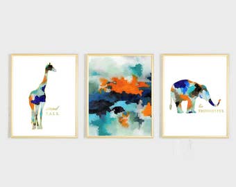 Watercolor Boys Nursery Wall Art, Animal Nursery Art, Boy Nursery Decor, Elephant Nursery Art, Giraffe Print, Blue Orange Abstract Art Print