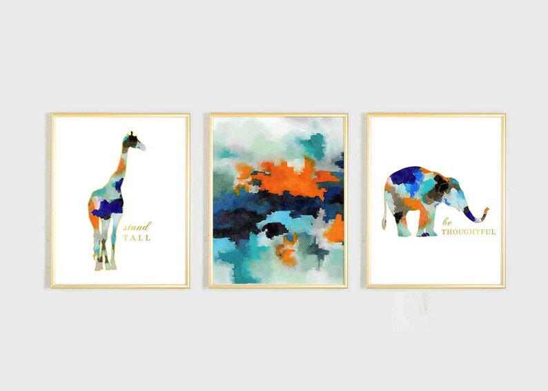 Watercolor Boys Nursery Wall Art, Animal Nursery Art, Boy Nursery Decor, Elephant Nursery Art, Giraffe Print, Blue Orange Abstract Art Print image 1