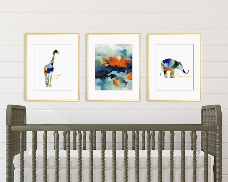 Watercolor Boys Nursery Wall Art, Animal Nursery Art, Boy Nursery Decor, Elephant Nursery Art, Giraffe Print, Blue Orange Abstract Art Print image 2