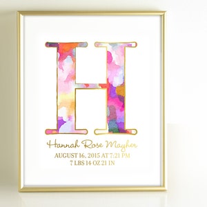 Watercolor Monogram Art Print, Personalized Girls Nursery Decor, Monogram Initial Art, Gold Office Decor, Pink Gold Nursery Wall Art image 4